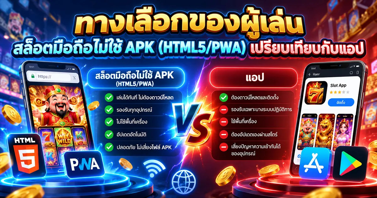 ทางเลือกของผู้เล่น สล็อตมือถือไม่ใช้ APK (HTML5/PWA) เปรียบเทียบกับแอป